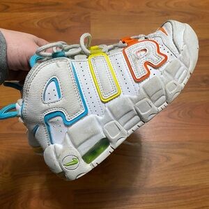 NIKE AIR More Tempo white multi color spell out sneakers lace up colorful retro
